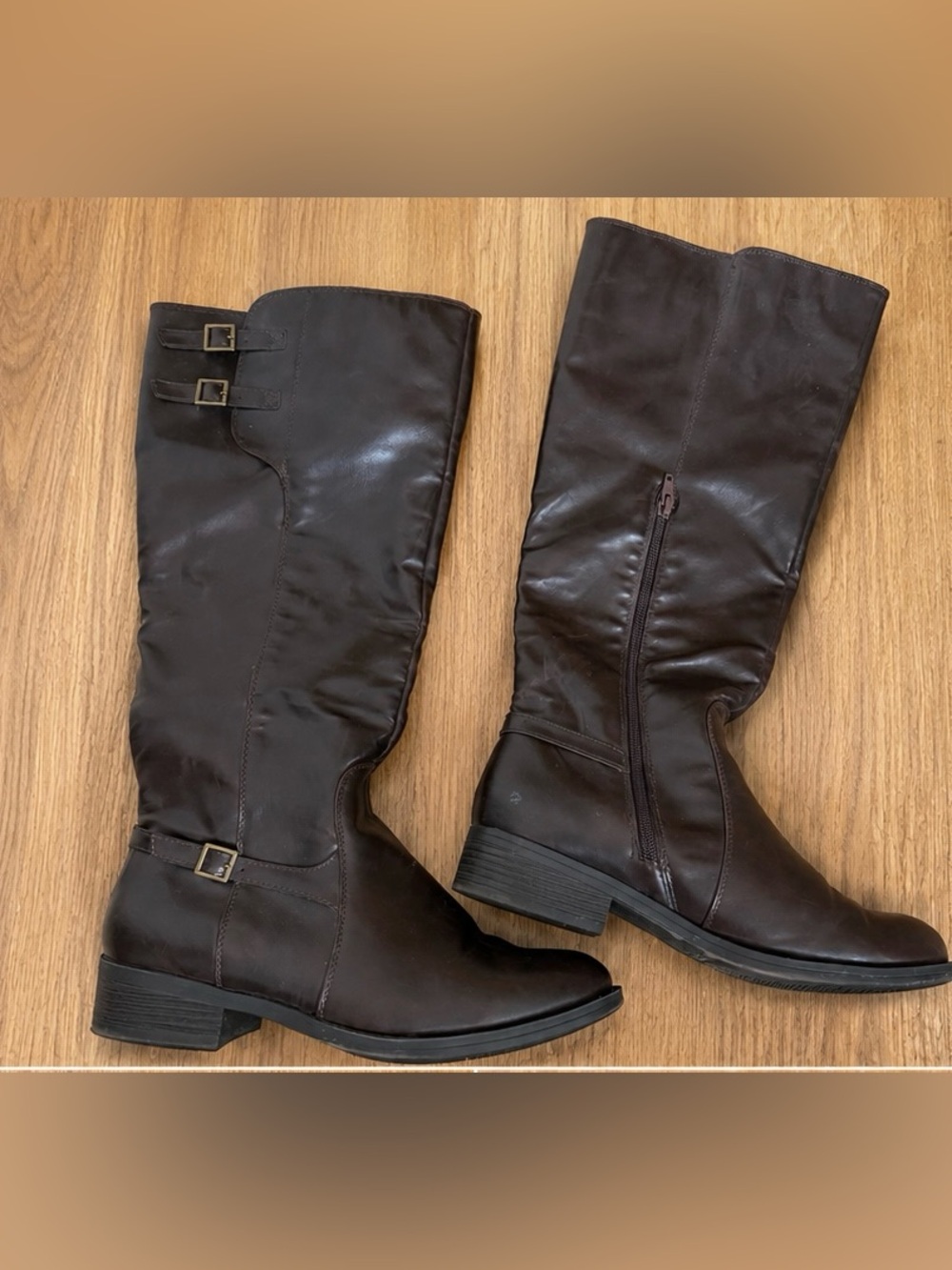 Brown Knee High Riding Boots Size 10 Buckle Accent Low Heel